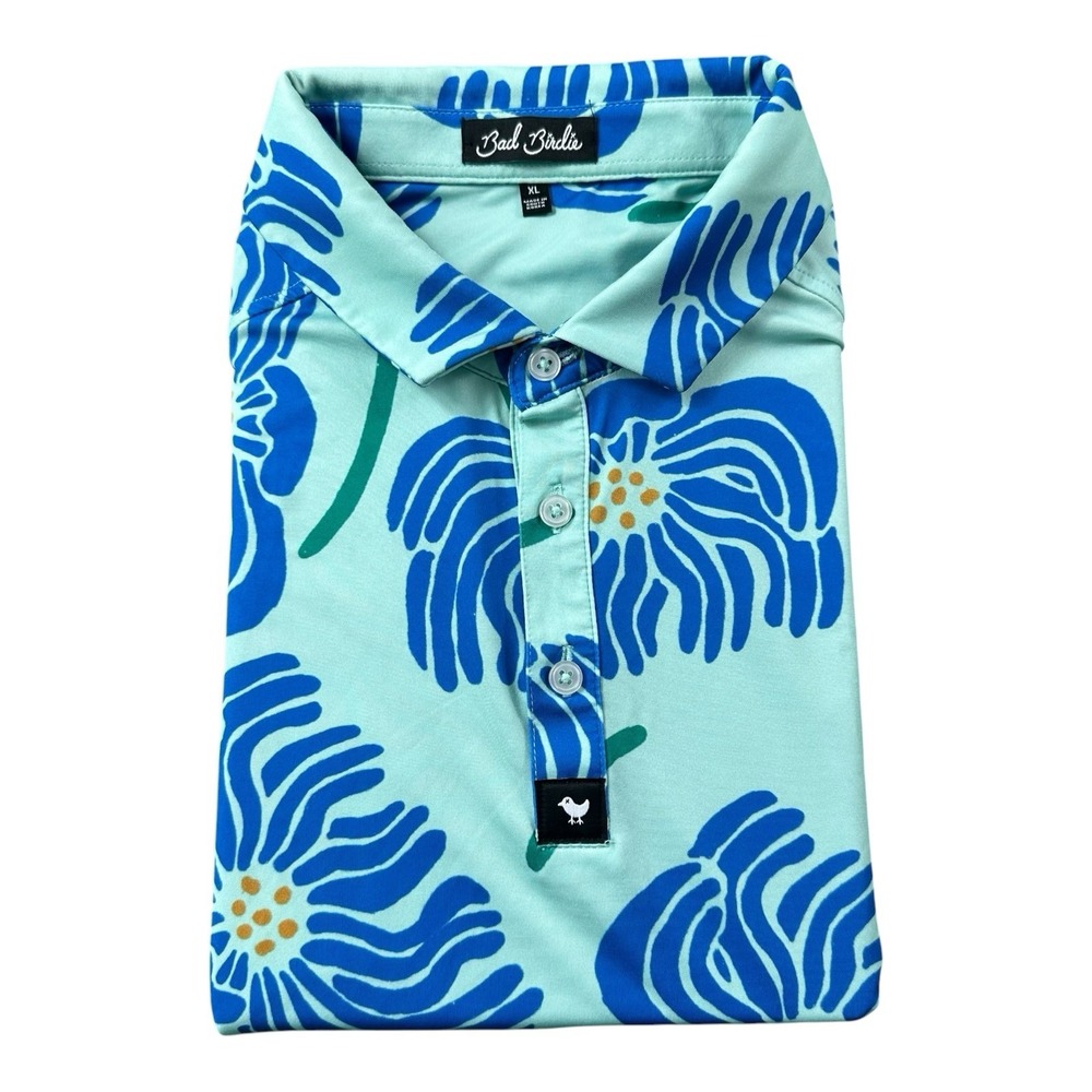 Bad Birdie Green Blue Floral S/S Mens Performance Golf Polo Shirt Size XL